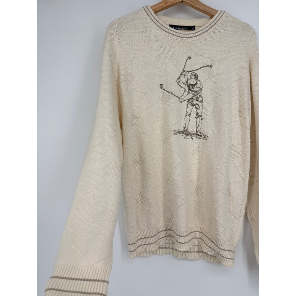 Vintage Carmel 90s Cream Embroidered Golf Golfer Pullover Sweater Sz M USA Made - Picture 2 of 9